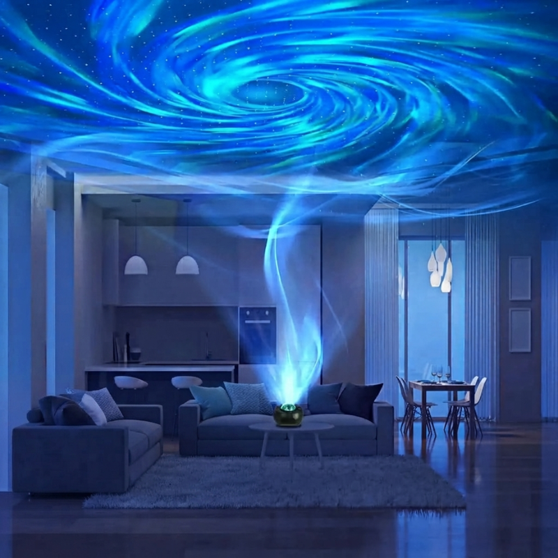 A modern living room with blue glowing spiral wall art on the ceiling and floor, a glowing centerpiece on the coffee table, and a dark blue sofa in the foreground.
