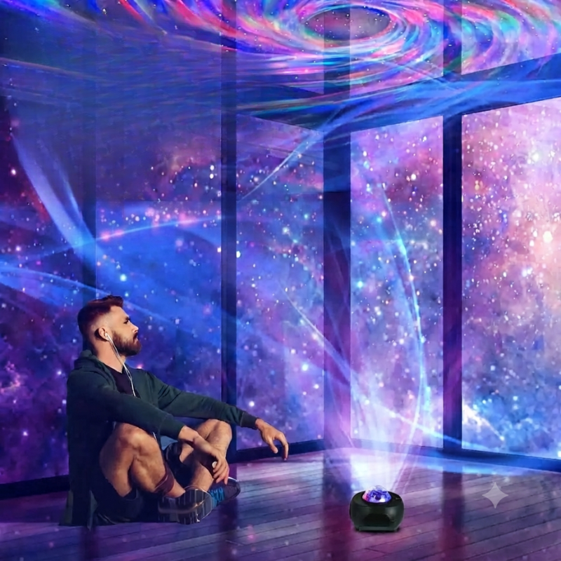 A man sits on the floor in a room with a galaxy projector casting colorful light beams and a cosmic space pattern across the walls and ceiling. The projector sits on the floor in the foreground.