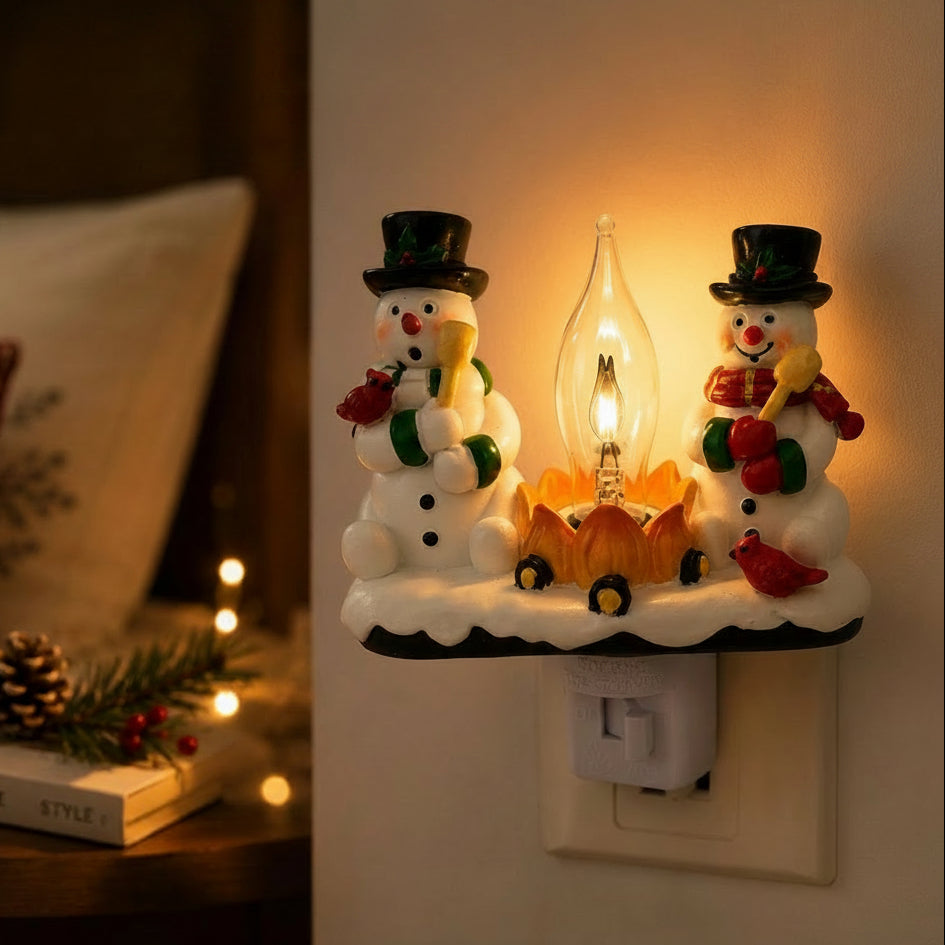 Snowman Fireplace Night Light - Warm Flame Effect for Festive Decor 0