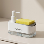 Soap dispenser with a yellow sponge on a neutral background