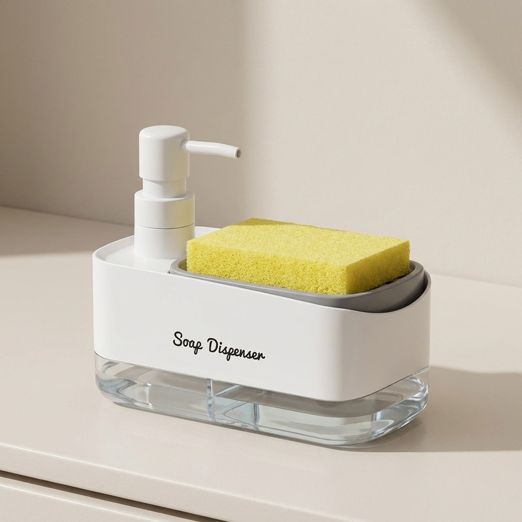Soap dispenser with a yellow sponge on a neutral background