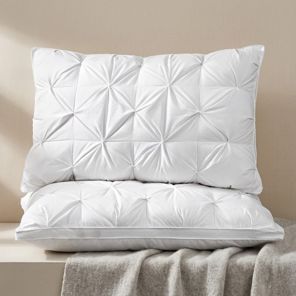 Two white quilted pillows on a neutral background