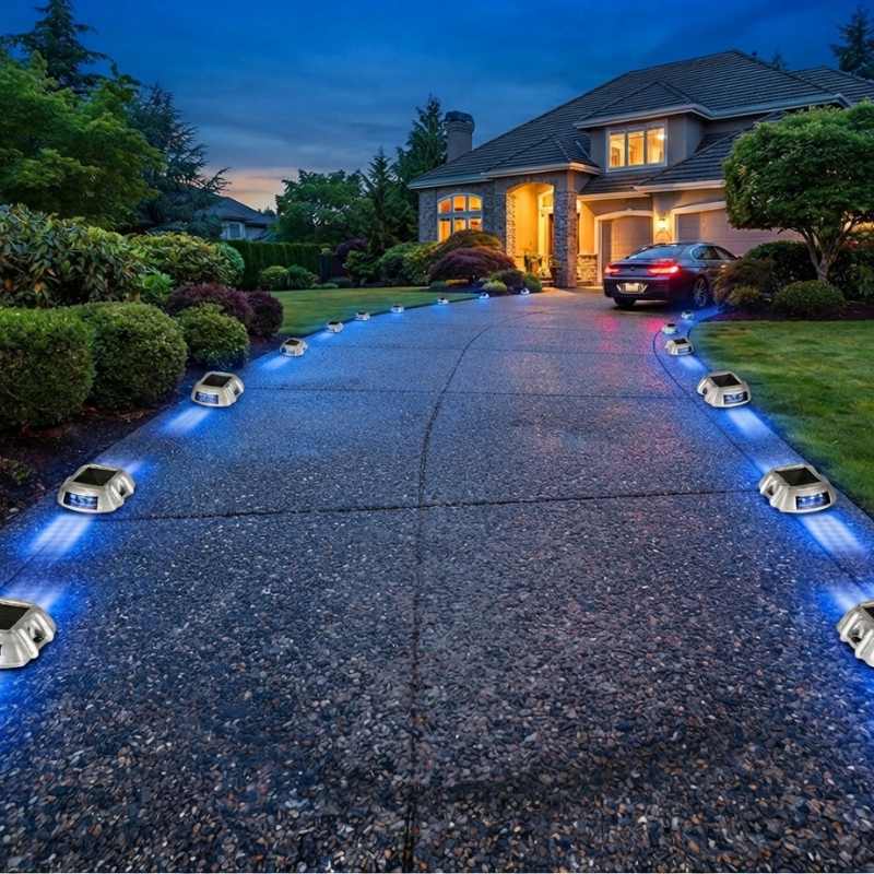 Driveway with solar-powered lights illuminating the path at night.