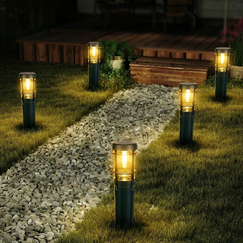 Garden pathway with solar-powered lights illuminating the area