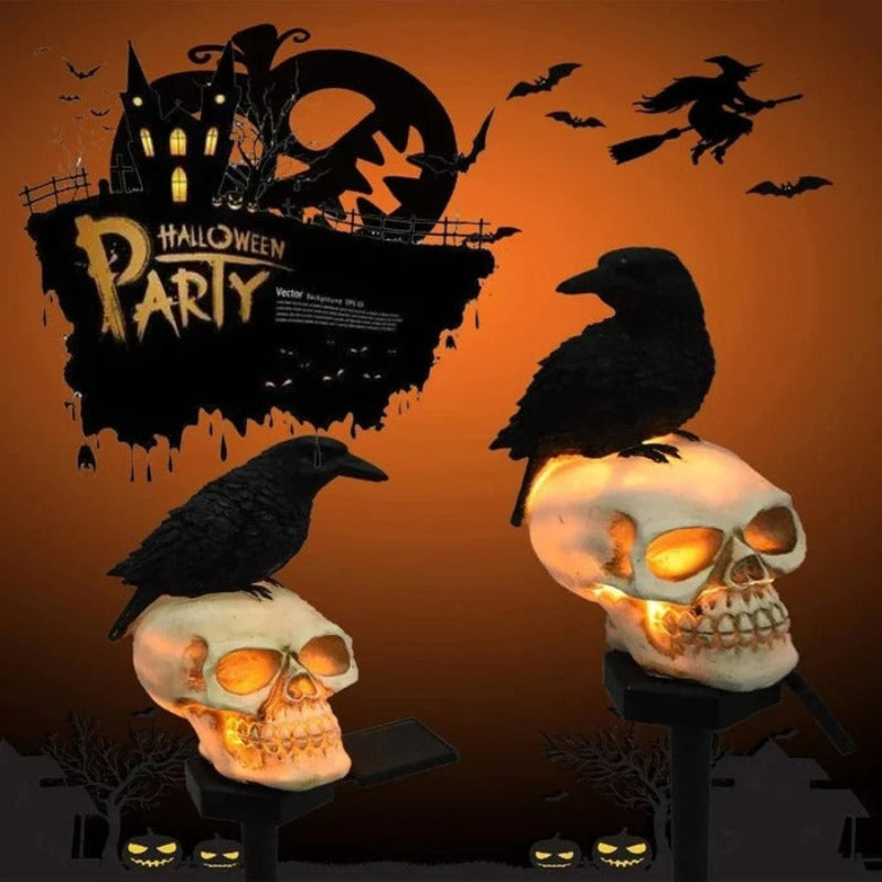 Halloween-themed decorations with skulls, crows, and a haunted house on an orange background.