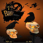 Halloween-themed decorations with skulls, crows, and a haunted house on an orange background.
