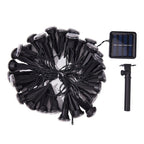 Black solar string lights with multiple cone-shaped bulbs arranged in a circle, shown with a small rectangular solar panel and a single ground stake on a white background.