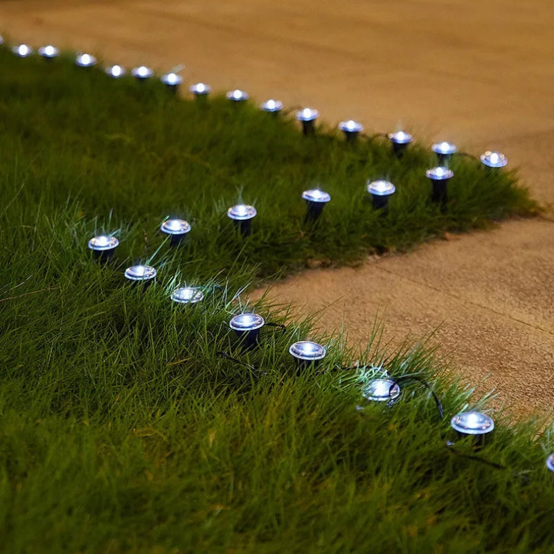 Outdoor solar garden lights arranged along a grassy lawn bordering a tan pathway, casting a cool blue-white glow at night.