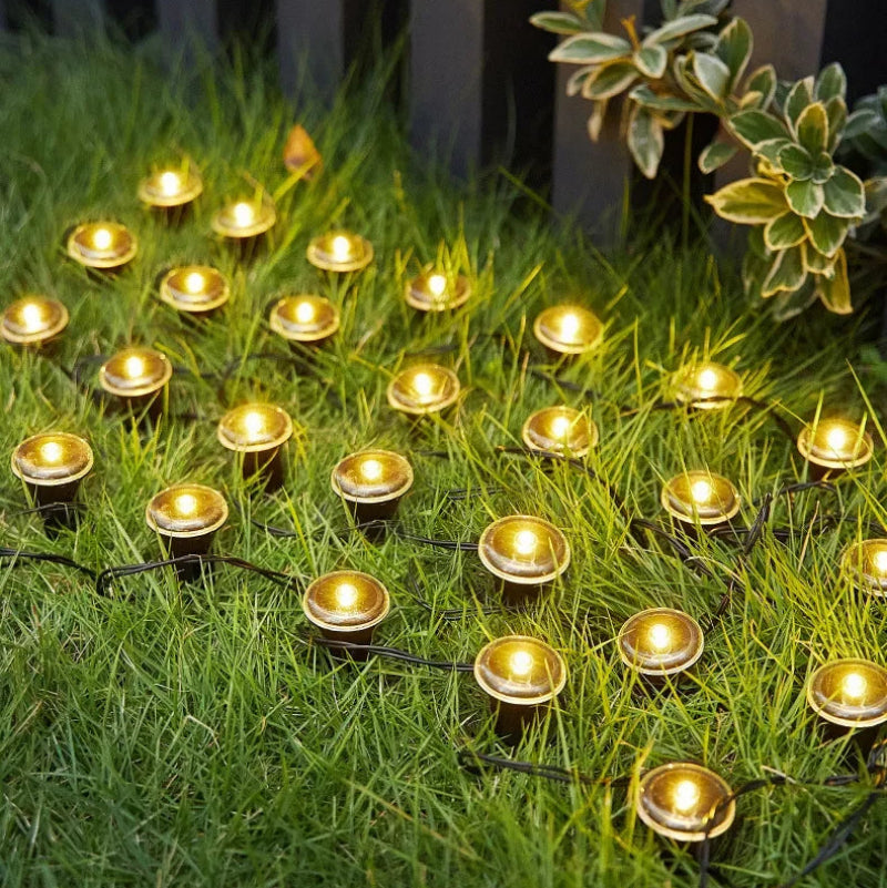 Outdoor solar garden lights arranged on green grass, casting a warm yellow glow. The lights have a gold-toned circular face and dark bases, with some turned on and others off.