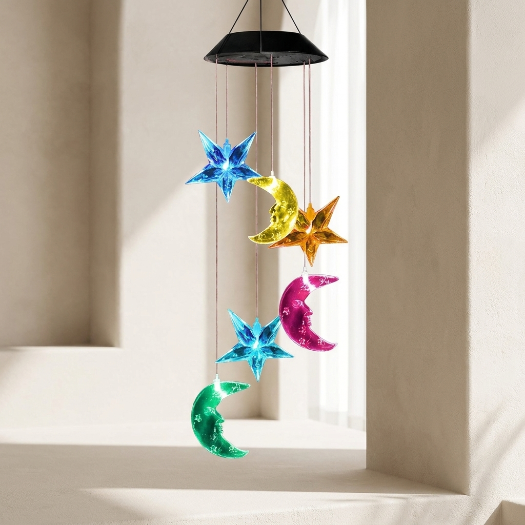 Colorful star and moon-shaped hanging decorations in a room with light-colored walls.