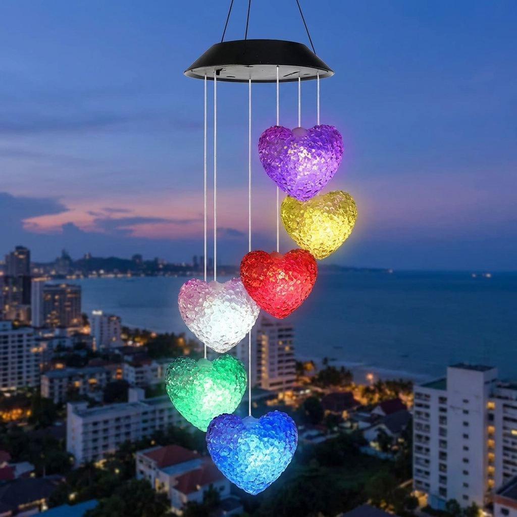 Colorful heart-shaped LED lights hanging against a cityscape at dusk.