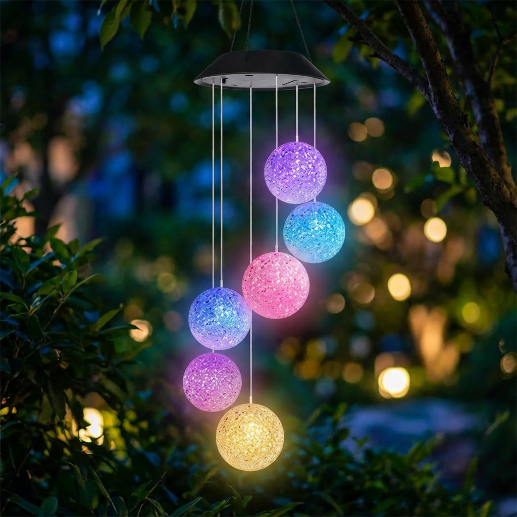 Colorful LED string lights hanging from a solar panel in a garden setting