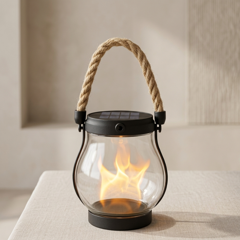 Solar lantern with flame effect on a neutral background