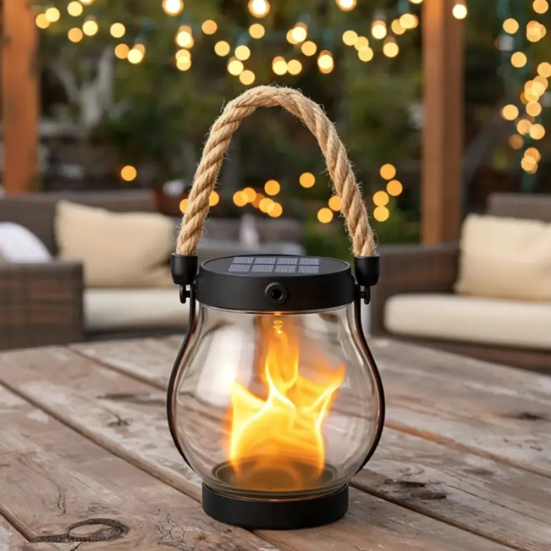 Solar lantern with flame effect on a wooden table outdoors, surrounded by blurred lights and furniture.