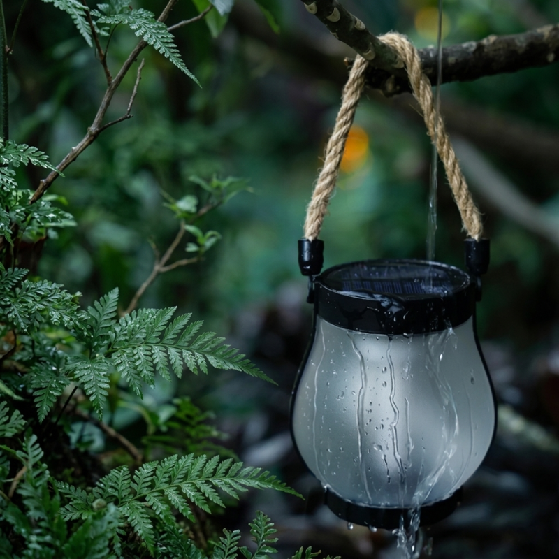 Solar lantern hanging from a branch with green foliage in the background