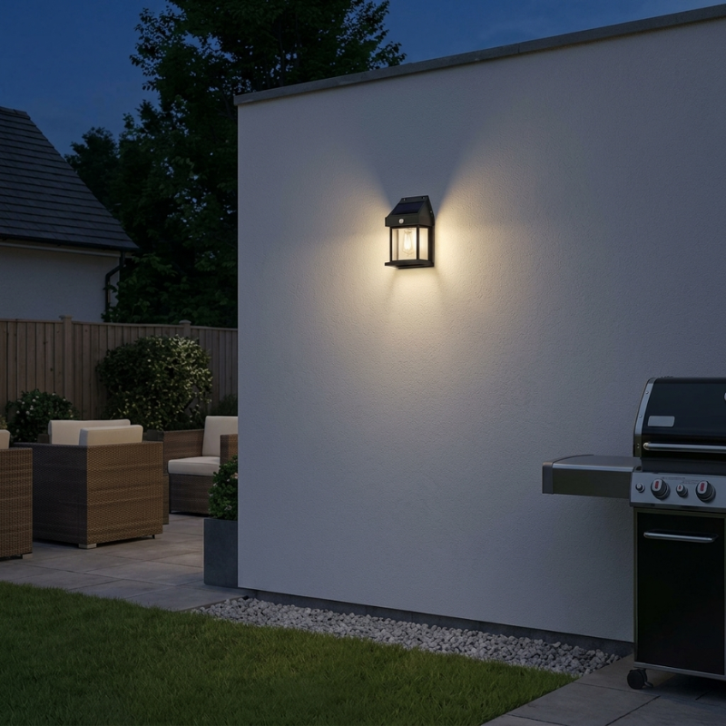 Outdoor wall light fixture on a white wall with a grill and patio furniture in the background.