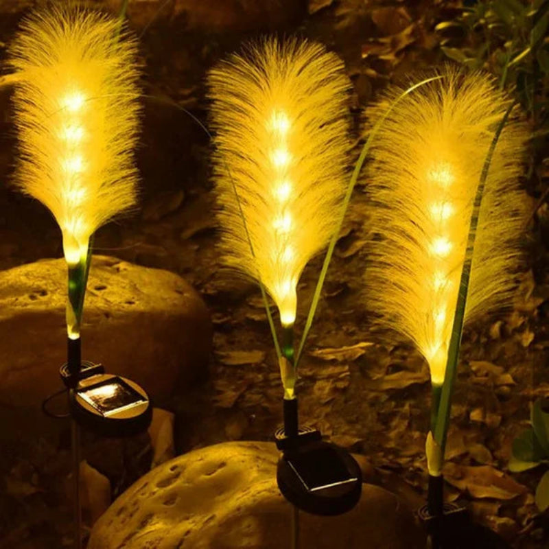 Three illuminated decorative lights resembling pampas grass on a natural stone and leaf background.