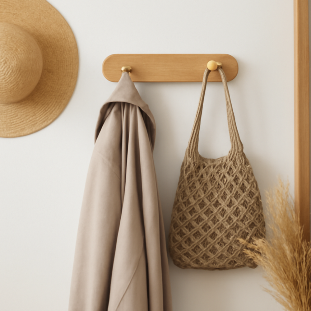 Space-Saving Wall Hooks with Brass Accents – Natural Wood Coat Hooks for Wall, Ideal for Coats, Towels, Bags, and Keys 0
