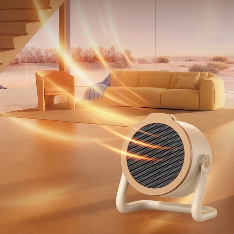 Portable space heater emitting heat in a living room setting