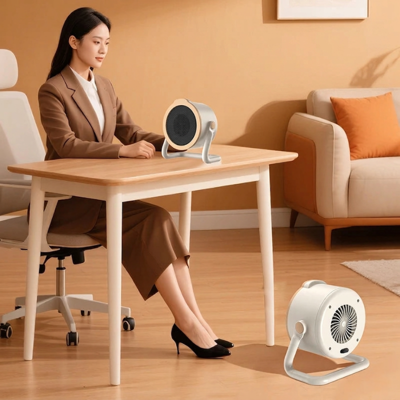 Woman sitting at a desk with a white fan on a wooden table in a home office setting.