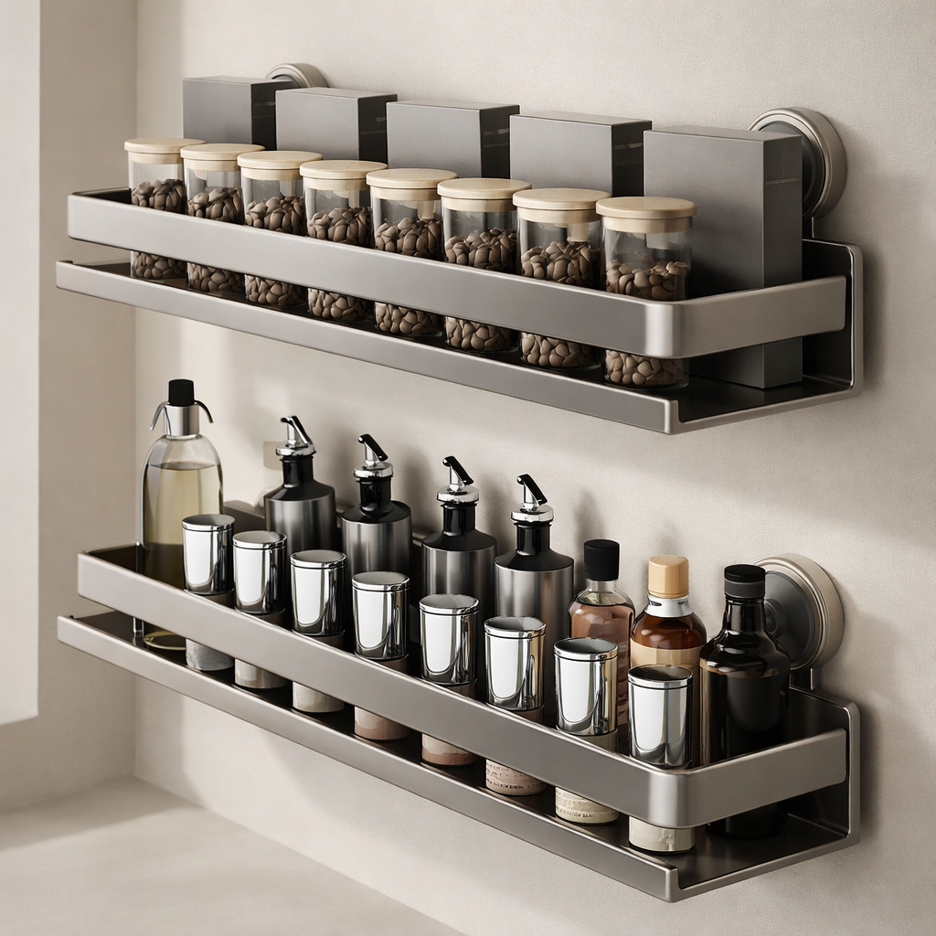 Spice Rack Organizer Wall Mounted Stainless Steel Suction Cup Silver 1