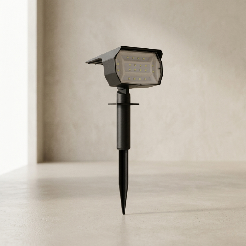 Black outdoor solar lamp on a beige background