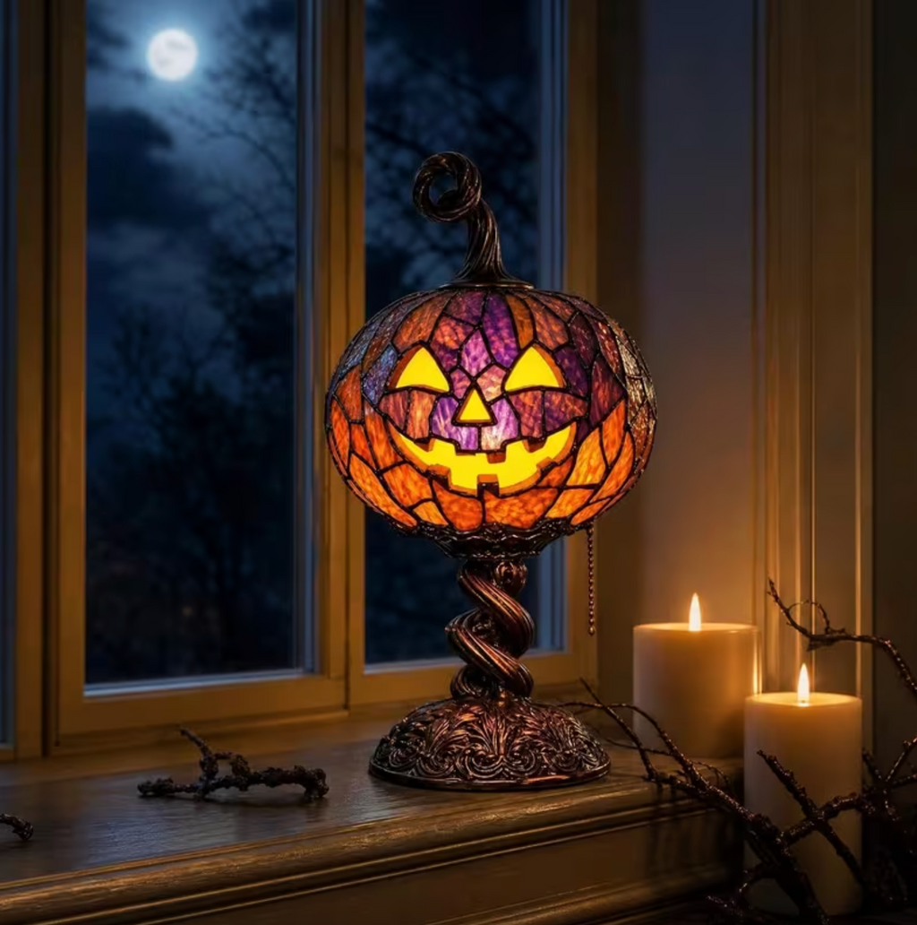 Stained Glass Pumpkin Lamp - Handcrafted LED Light for Cozy Ambiance 3