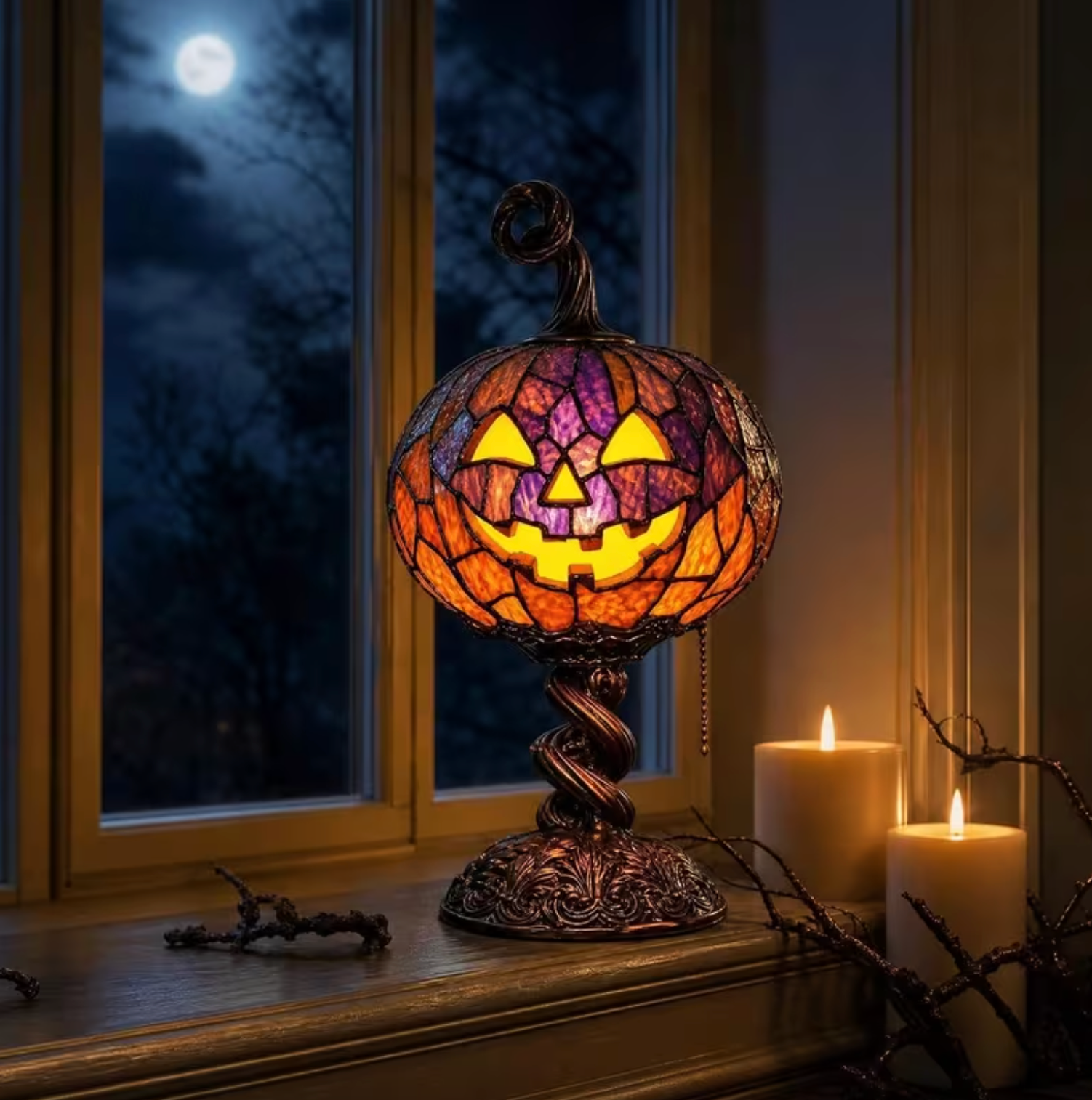 Stained Glass Pumpkin Lamp - Handcrafted LED Light for Cozy Ambiance 3