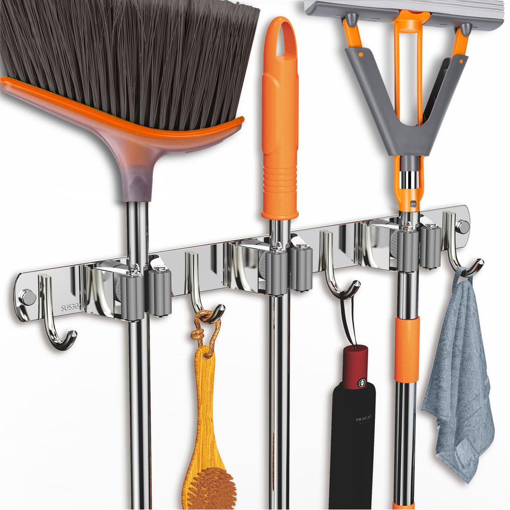 Stainless Steel Broom Holder Wall Mount - 3 Clips & 4 Hooks Organizer 0