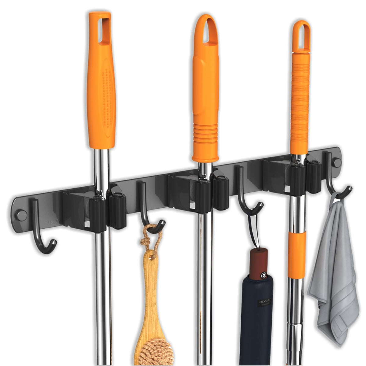 Stainless Steel Broom Holder Wall Mount - 3 Clips & 4 Hooks Organizer 6