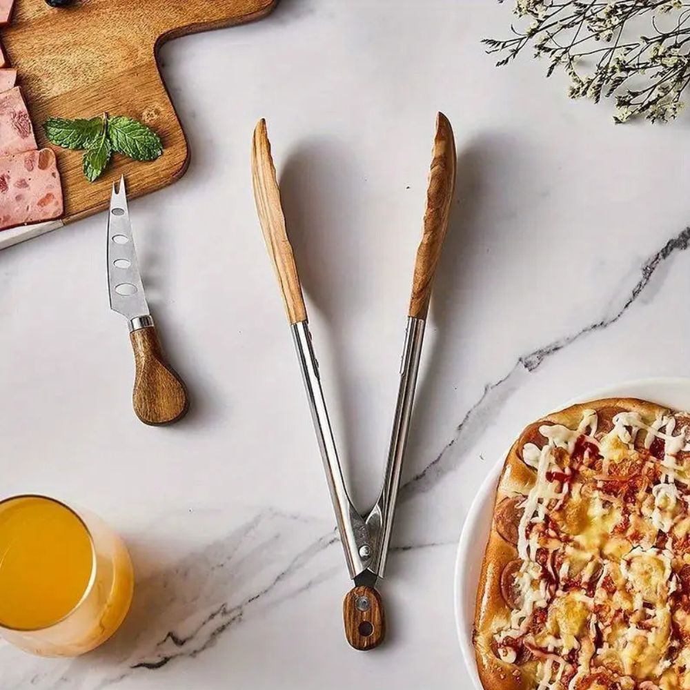 Stainless Steel Kitchen Tongs Set - Ergonomic Wood Handles for Precision Cooking 1
