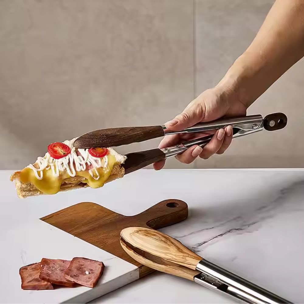 Stainless Steel Kitchen Tongs Set - Ergonomic Wood Handles for Precision Cooking 4