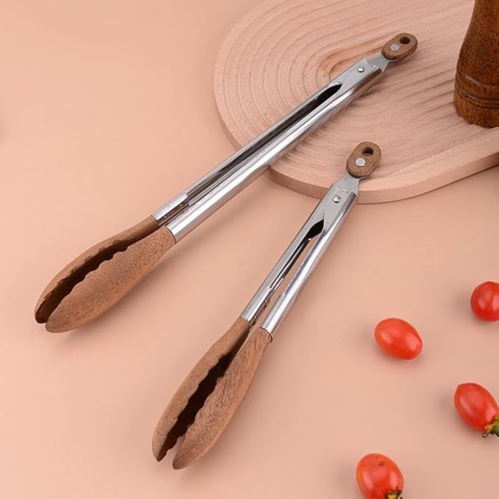 Stainless Steel Kitchen Tongs Set - Ergonomic Wood Handles for Precision Cooking 5