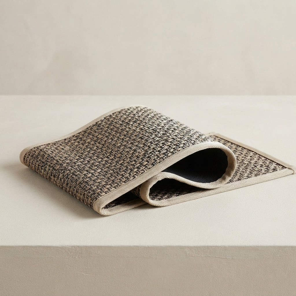 A folded woven rug or mat with a textured black and beige pattern and a cream-colored border, displayed on a light beige surface against a neutral background.