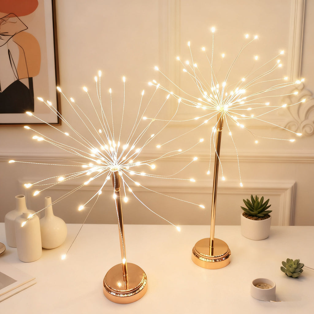 Decorative LED lights on a table with a neutral background
