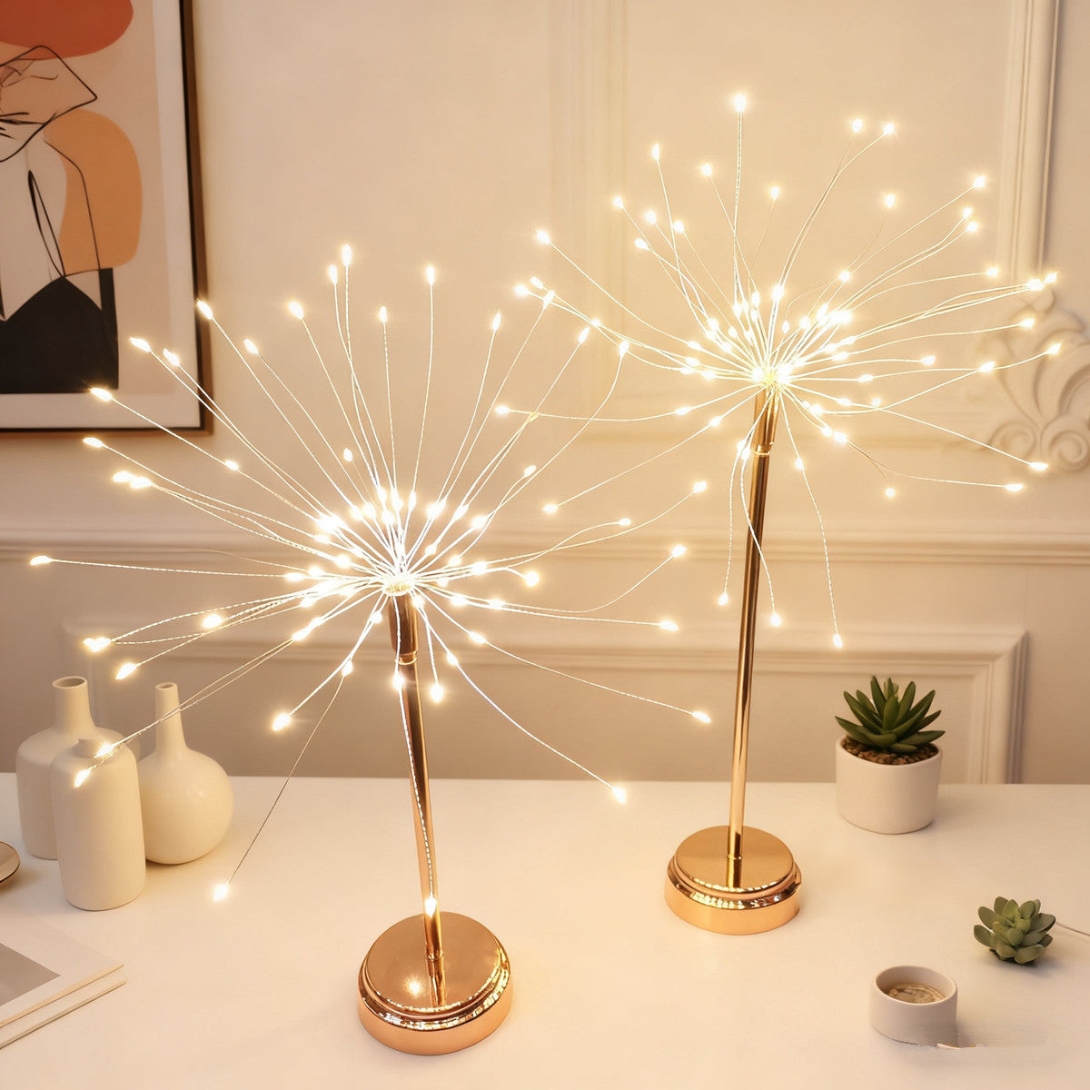 Decorative LED lights on a table with a neutral background