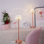 Decorative sparklers on a table with a pink chair and plant in the background