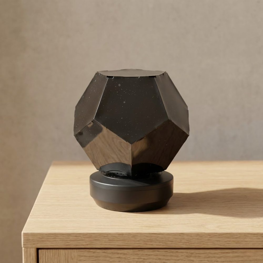 Geometric black sculpture on a wooden surface with a neutral background