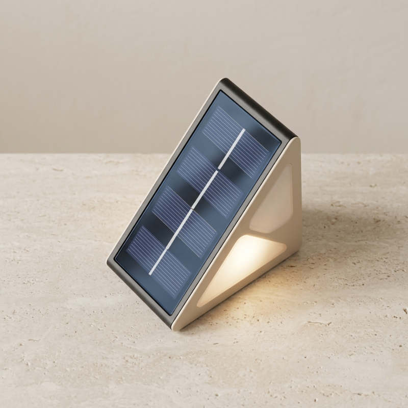 Solar-powered outdoor light on a beige surface with a neutral background