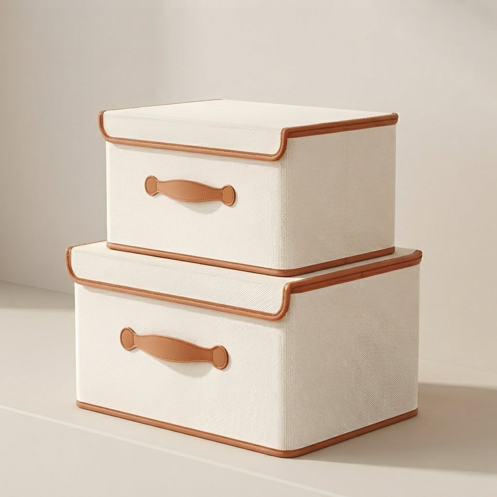 Two fabric storage boxes stacked on a light beige surface against a neutral cream background. The boxes are off-white with tan leather-like handles and trim.