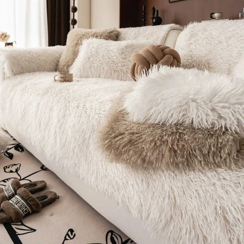 Stretchable Faux Lambswool Sofa Cover - Pet Hair Protection & Easy Care 1