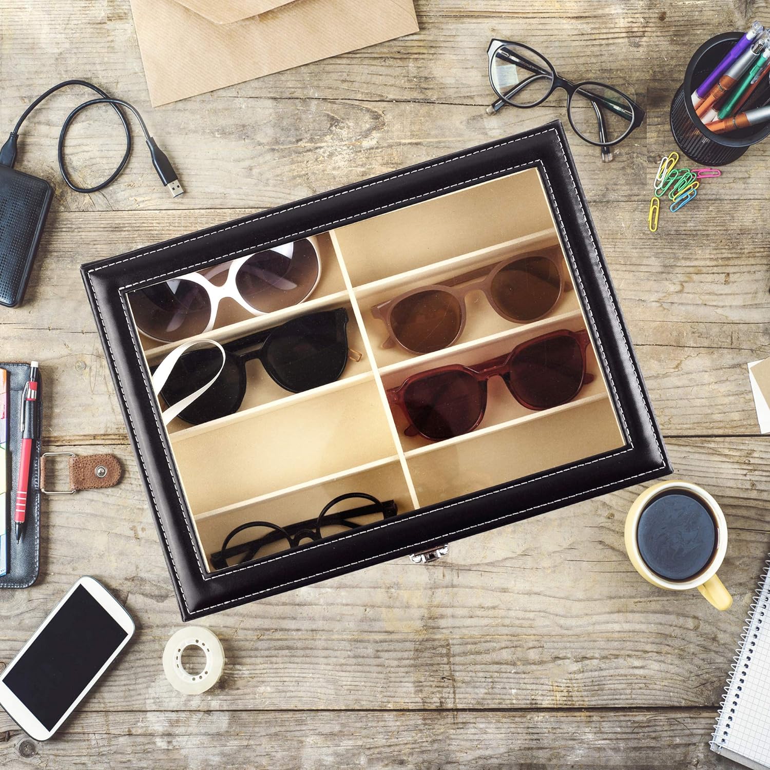 Sunglasses Storage Case, 8 Compartments, Lockable, Stackable 2
