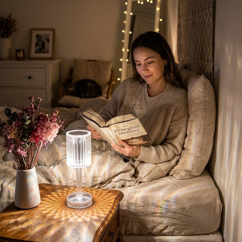 Woman reading a book in bed with a lamp on a nightstand