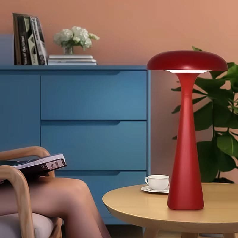 Red lamp on a wooden table with a blue cabinet and person holding a book in the background.