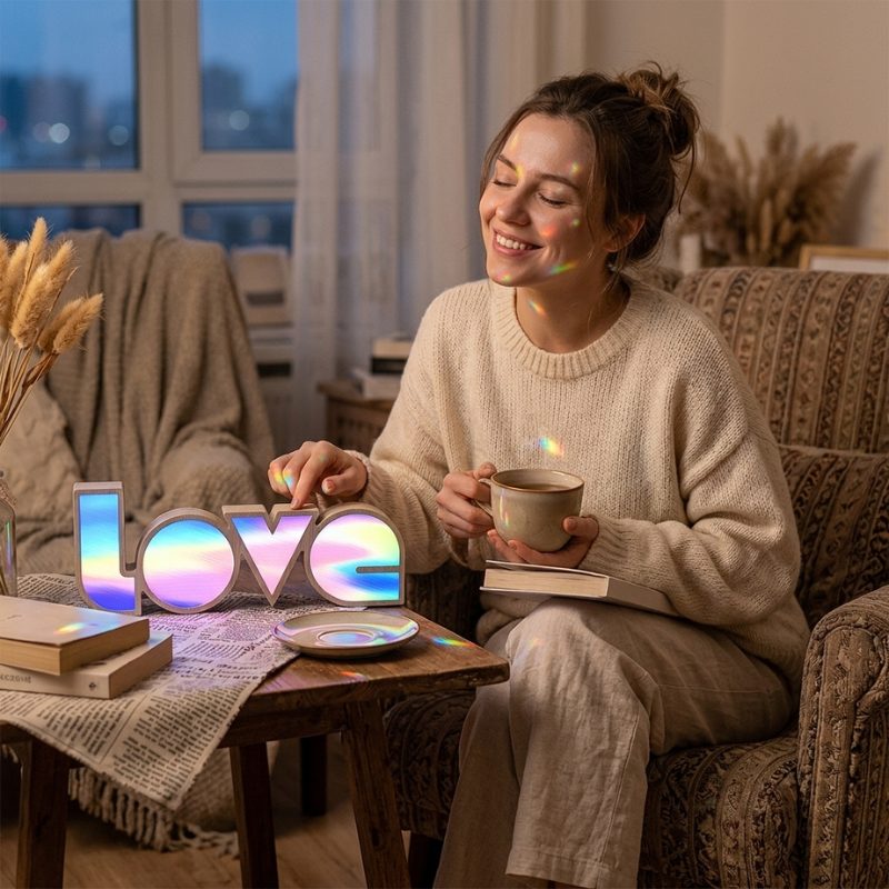 Woman sitting on a couch holding a mug with 'LOVE' lights on a table in front of her.