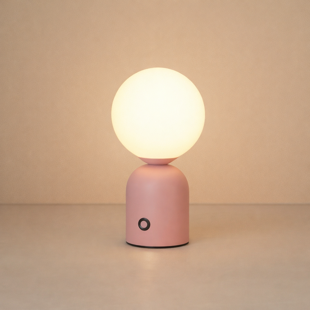 Pink table lamp with a glowing white bulb on a beige background