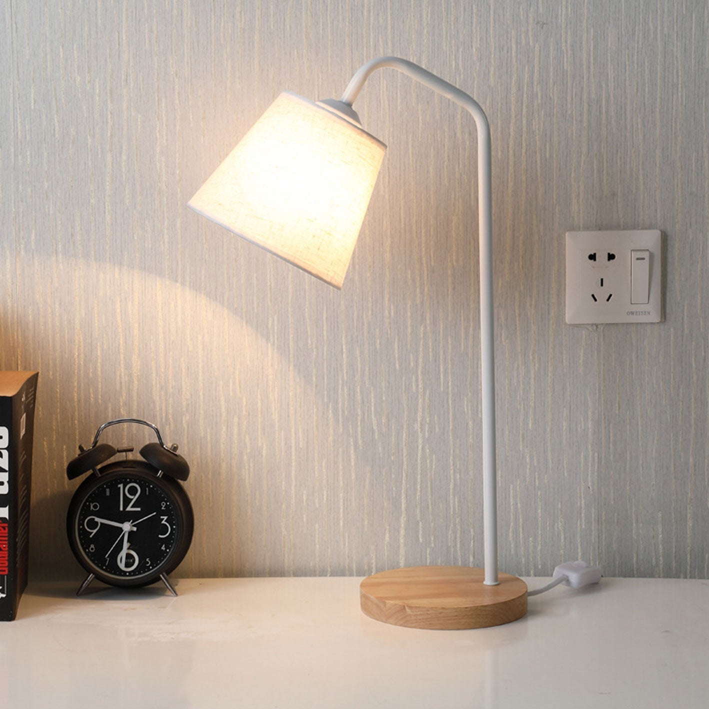Table Lamp Linen Shade LED 3W 300 Lumens Metal Wood Base 14.5 cm x 46 cm 01