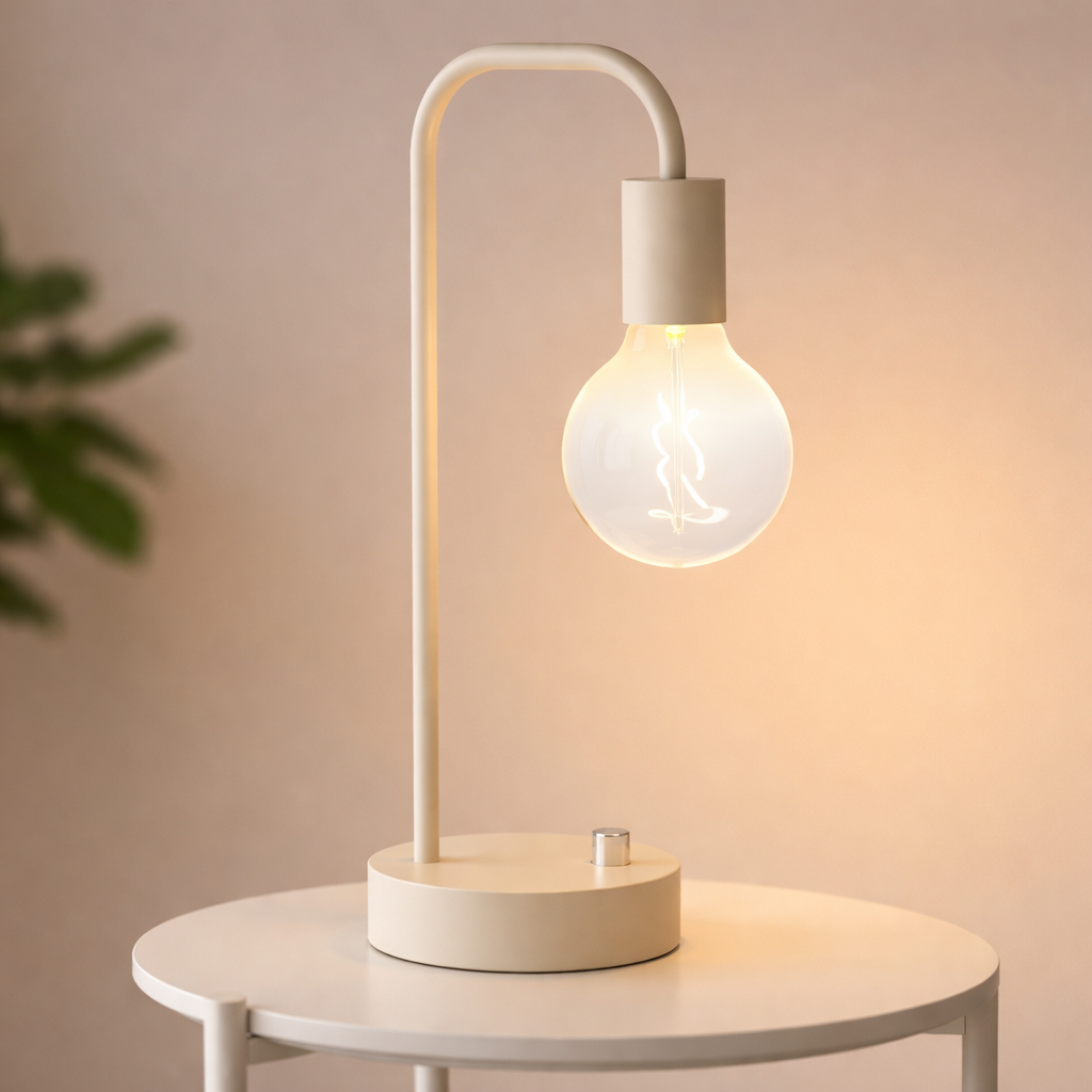 Modern table lamp with a single bulb on a round white table against a beige wall.