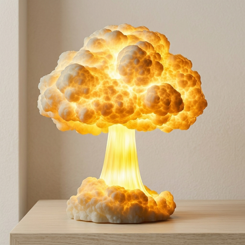 A mushroom cloud shaped LED night light glowing with warm yellow and orange light, displayed on a light wood surface against a neutral beige wall.