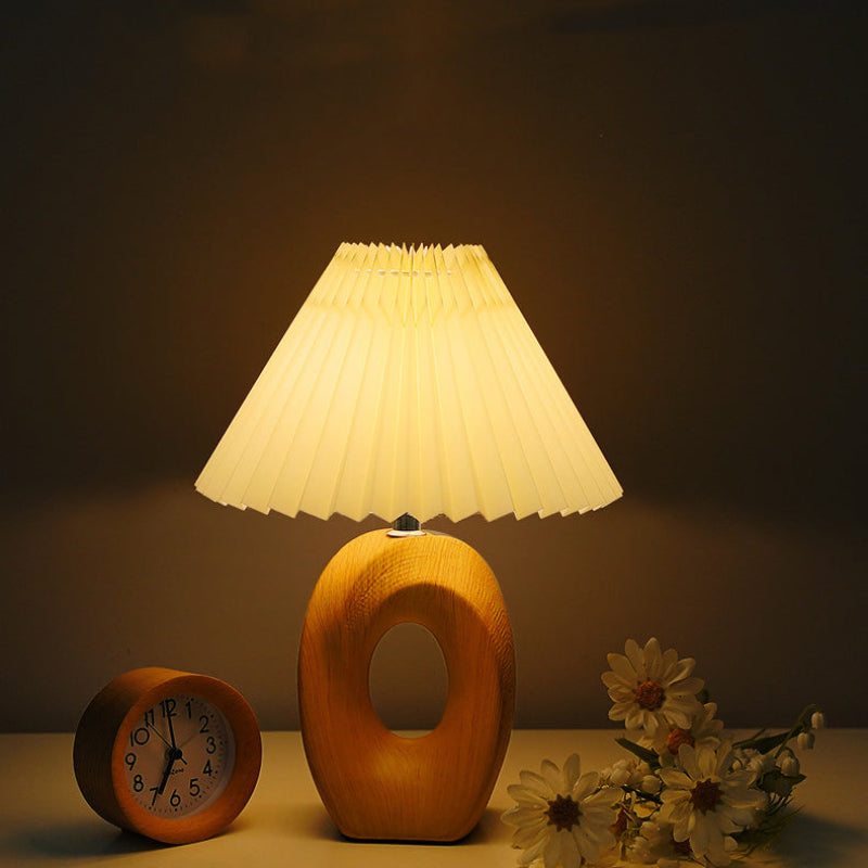 Table Lamp Pleated Fabric Shade USB Powered LED 3W 14 cm x 33.5 cm White Beige Wood Grain 01